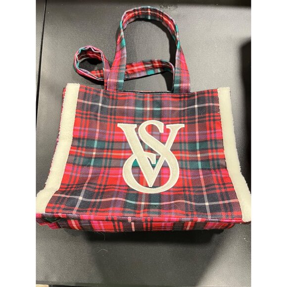 Victorias Secret Plaid & Shearling Tote Bag Flannel Feel Soft Holiday - Picture 5 of 7